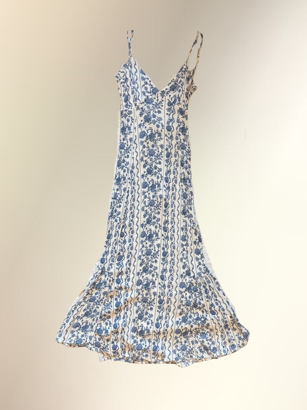 Y2K Justify Blue White Floral Rayon Strappy Bias Maxi Slip Dress M